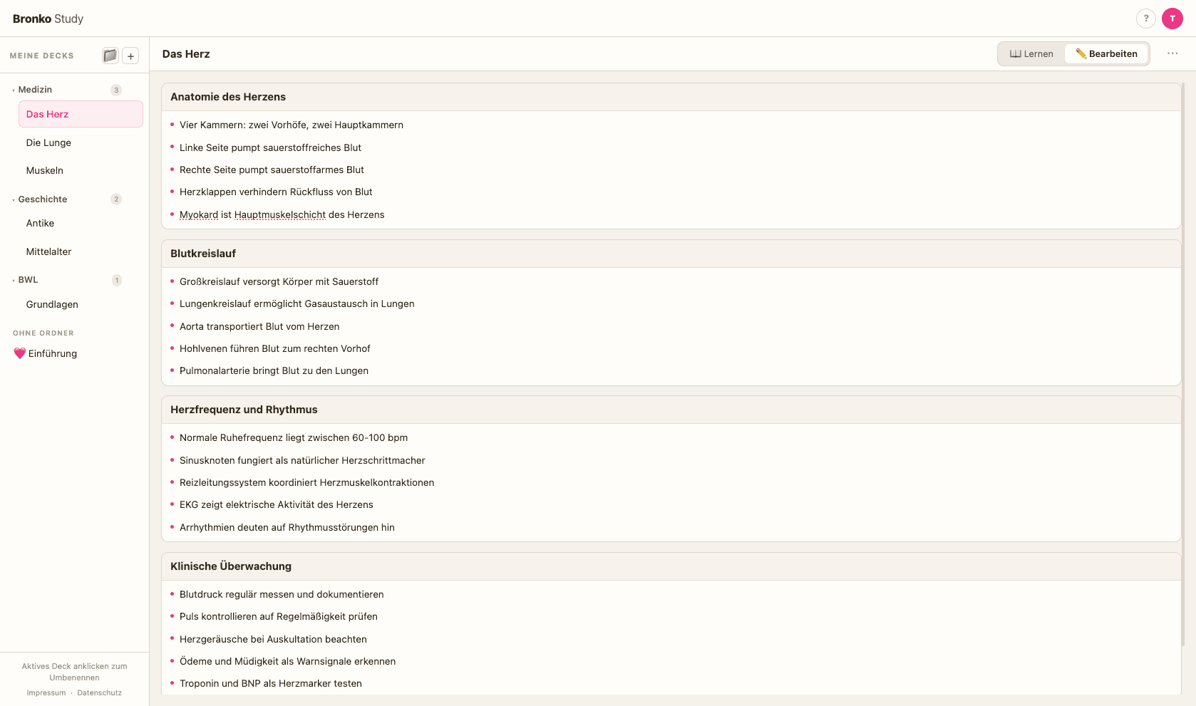 Bronko Study – Bearbeitenmodus